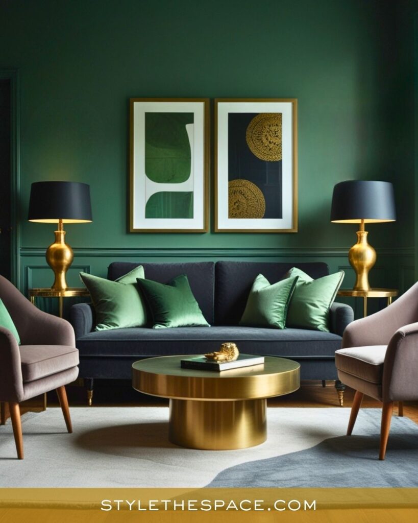 Modern Glam Green and Gold Living Room