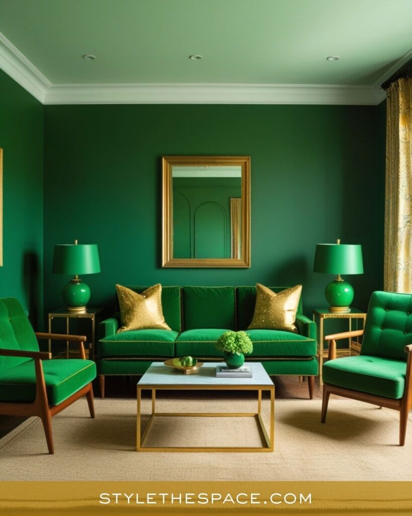 Vibrant Green and Gold Mid-Century Living Room