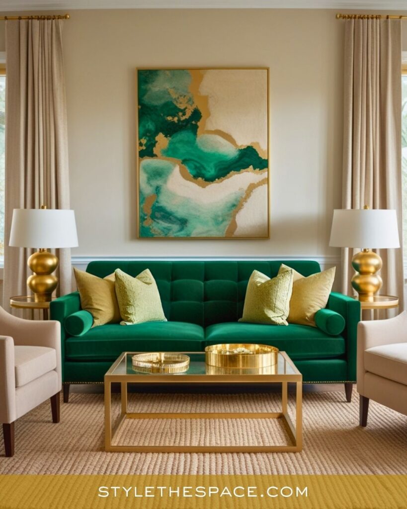 Chic Emerald and Gold Living Room Design