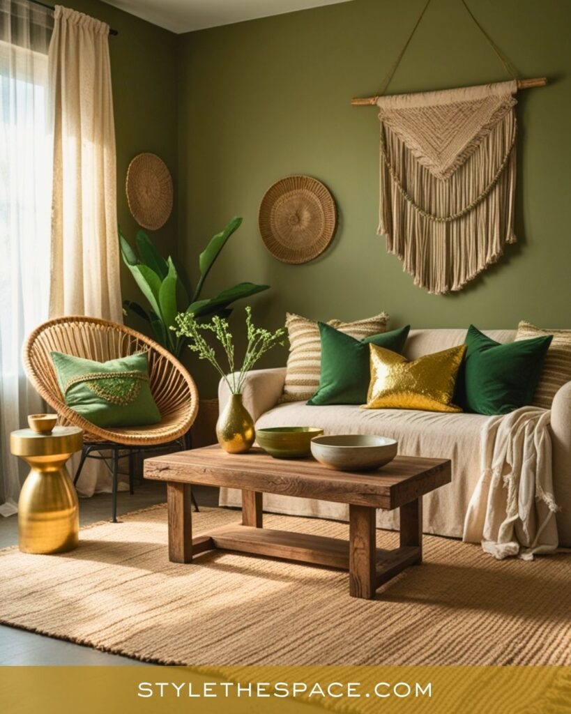 Boho Green and Gold Living Room