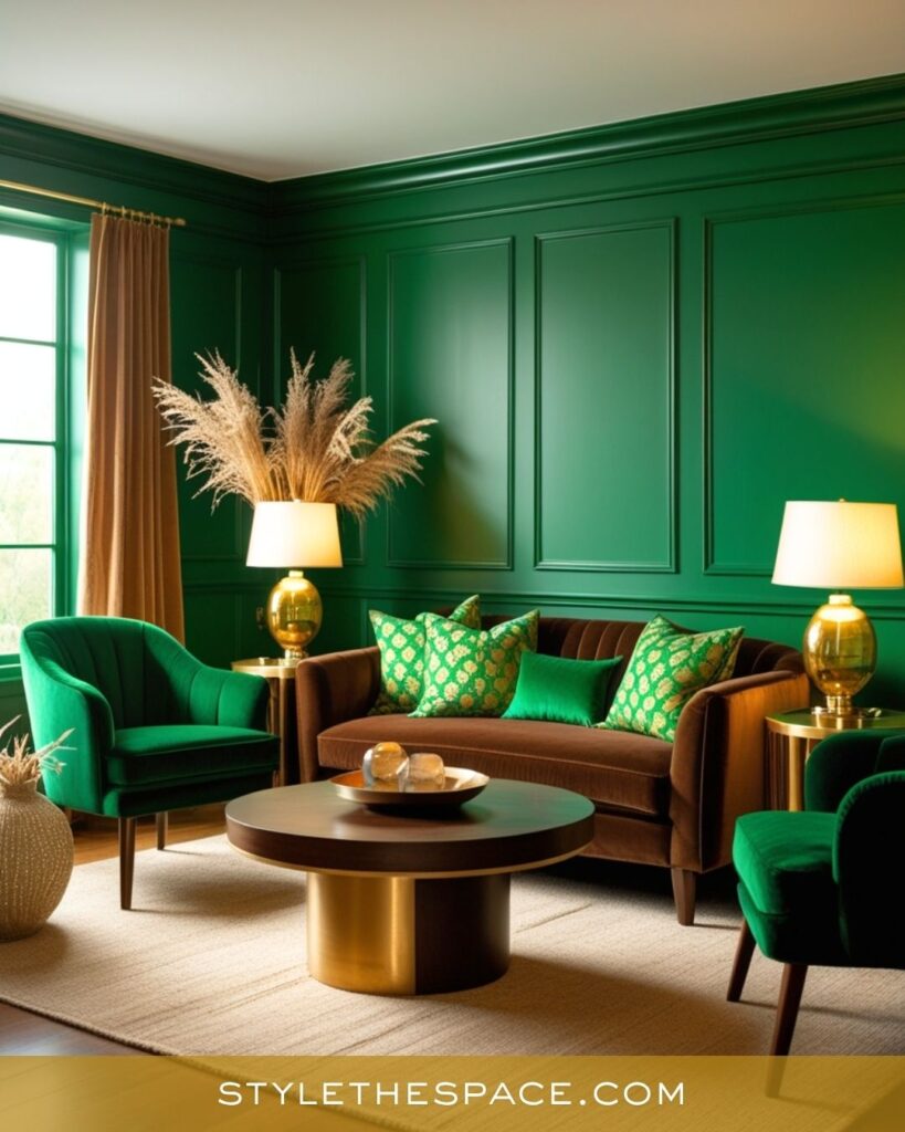 Rich Emerald and Gold Living Room Design