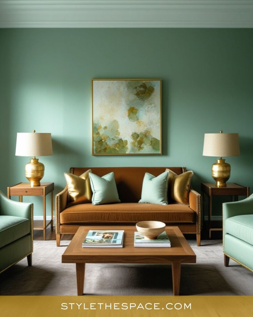 Calm Sage Green and Gold Living Room Design