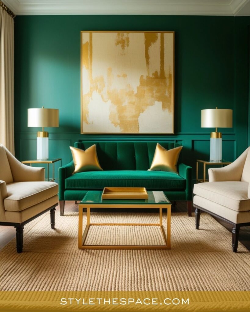 Elegant Emerald and Gold Living Room Design