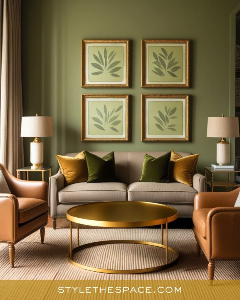 Warm Green and Gold Living Room Design