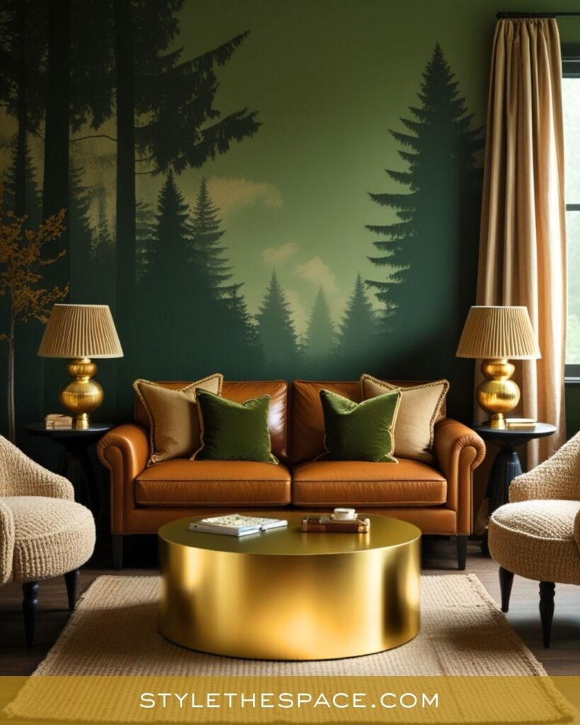 Nature-Inspired Green and Gold Living Room