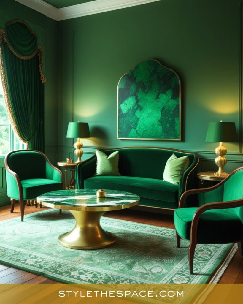 Luxurious Emerald Green and Gold Living Room