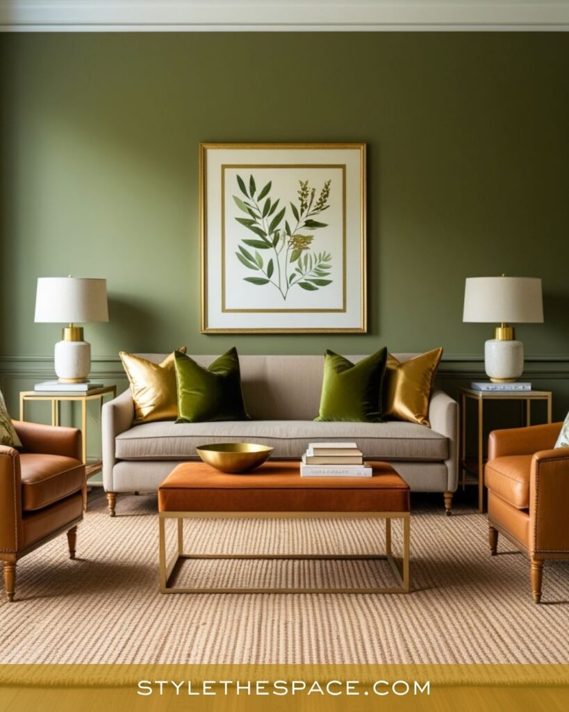 Earthy Green and Gold Living Room Design