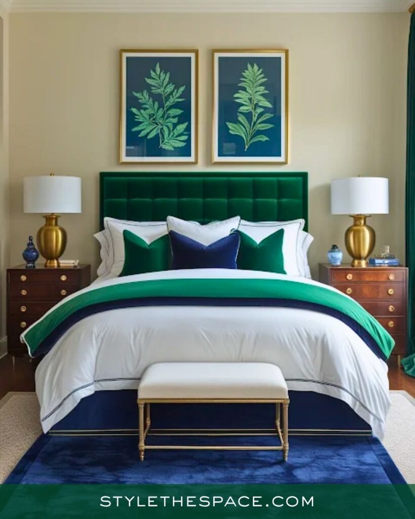 Classic Green and Navy Bedroom With Crisp Contrast