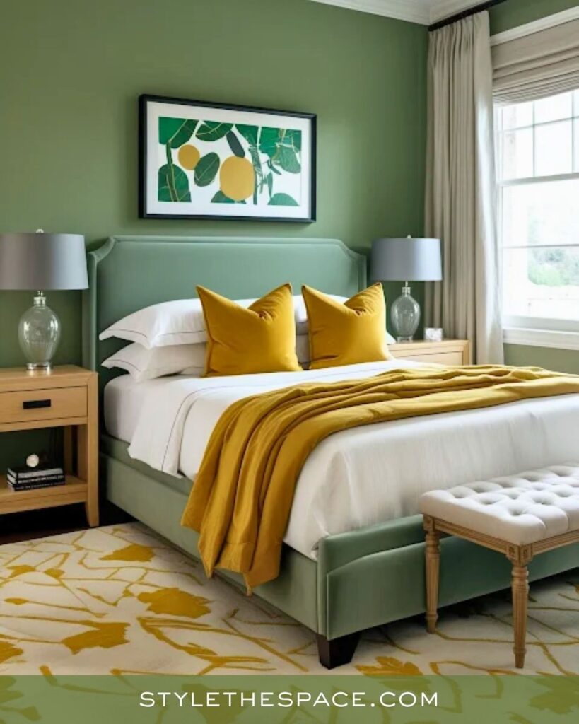 Sage Green Bedroom With Warm Mustard Accents