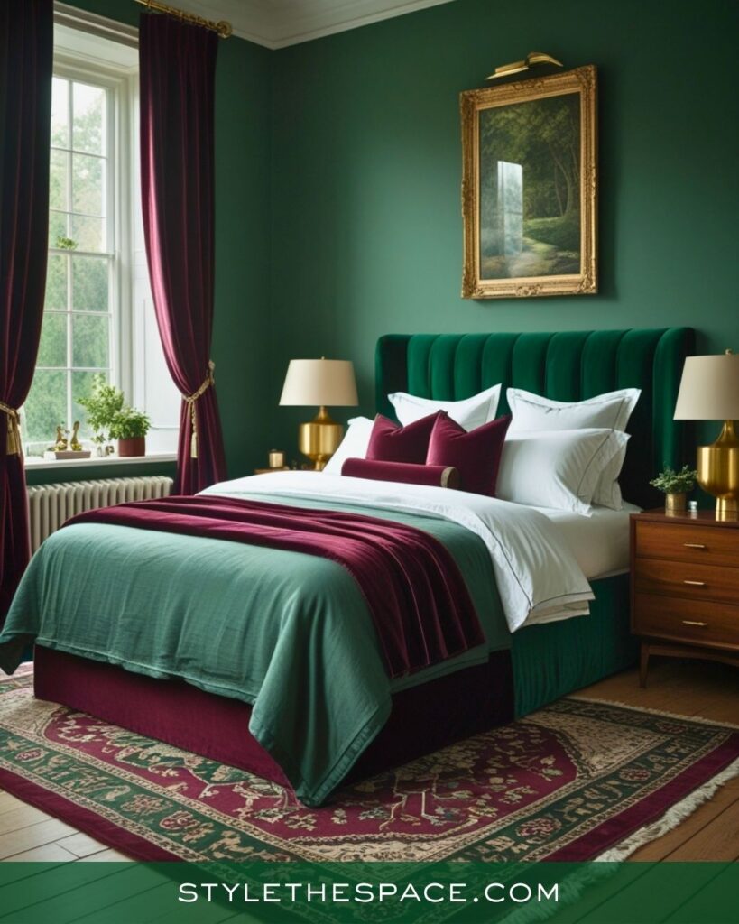 Deep Green and Burgundy Bedroom With Rich, Classic Charm