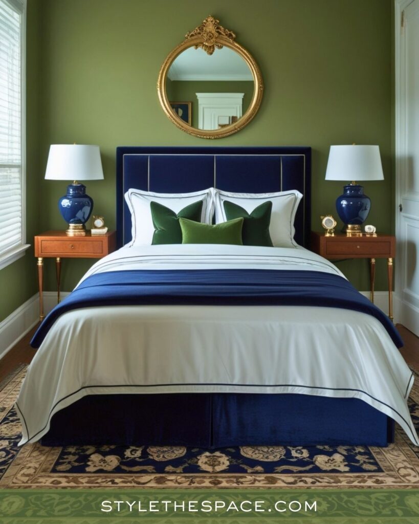 Olive and Navy Bedroom With Classic Refined Style