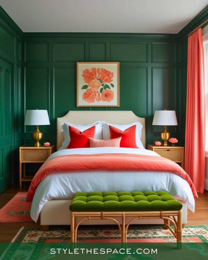 Forest Green and Coral Bedroom With Bright, Inviting Style