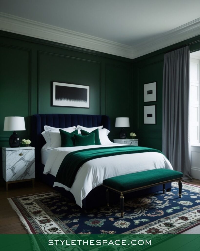 Dark Green and Navy Bedroom With Sophisticated Depth