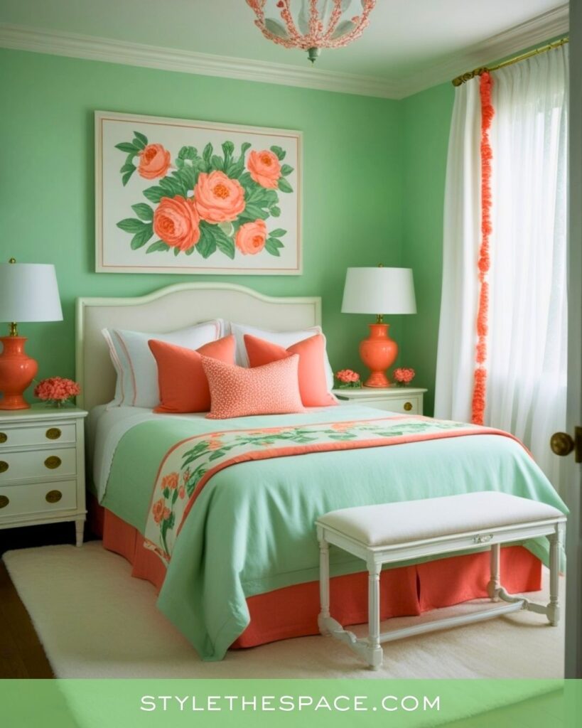 Mint Green and Coral Bedroom With Fresh, Cheerful Style