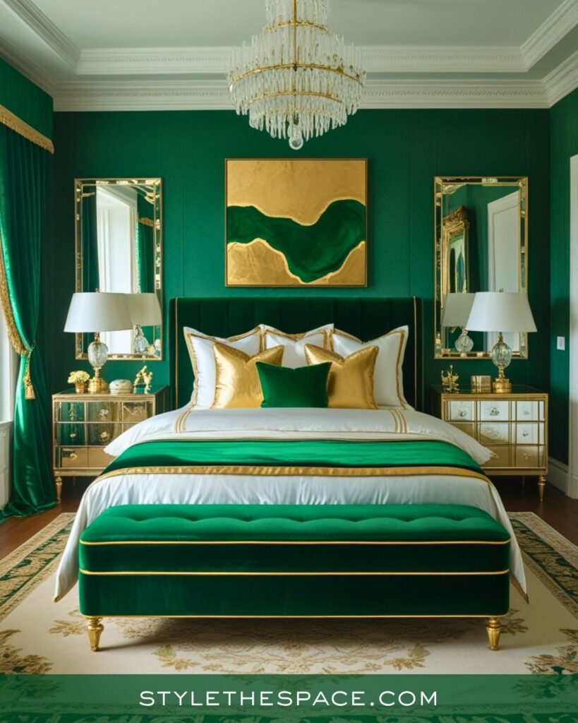 Emerald and Gold Bedroom With Luxurious Glam Style
