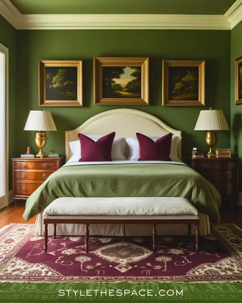 Olive Green and Burgundy Bedroom With Classic Vintage Charm