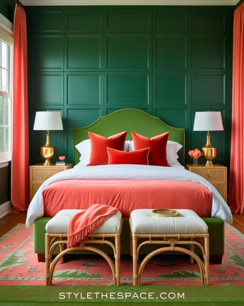 Green and Coral Bedroom With Warm, Vibrant Contrast