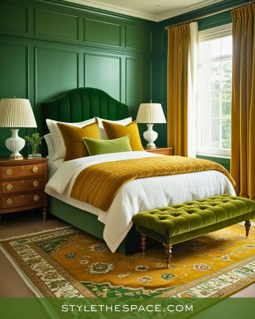 Green and Mustard Bedroom With Warm Classic Style