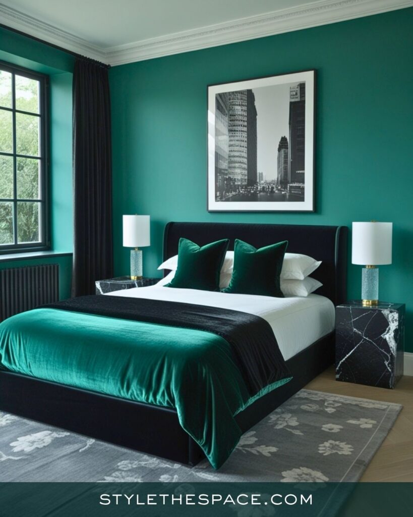 Modern Teal and Black Bedroom With Sleek Contrast