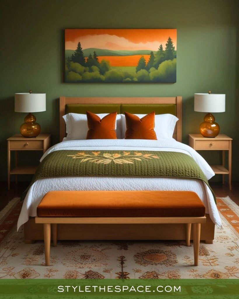 Earthy Green and Burnt Orange Bedroom Style
