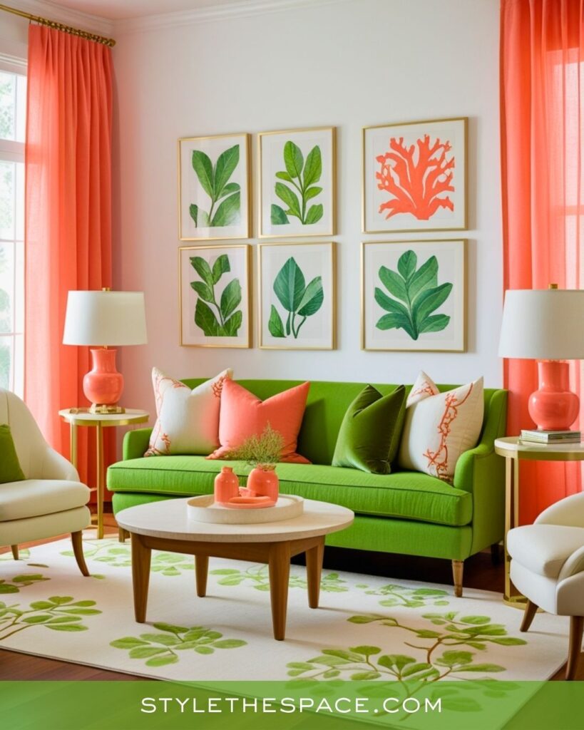 Bright Green and Coral Living Room Inspiration