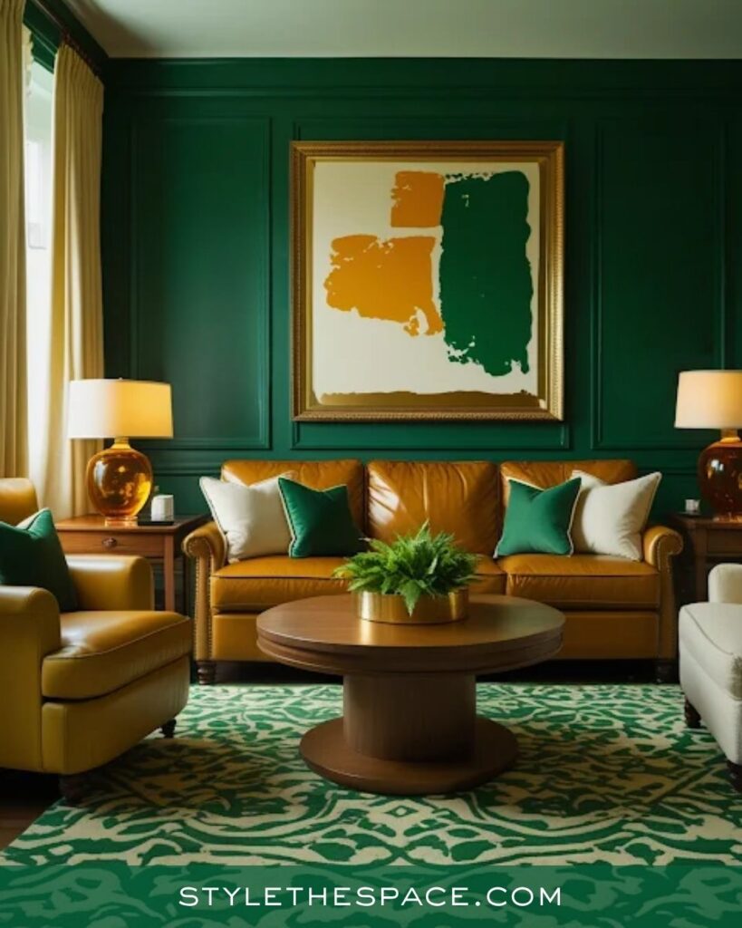 Warm Green and Leather Living Room Style