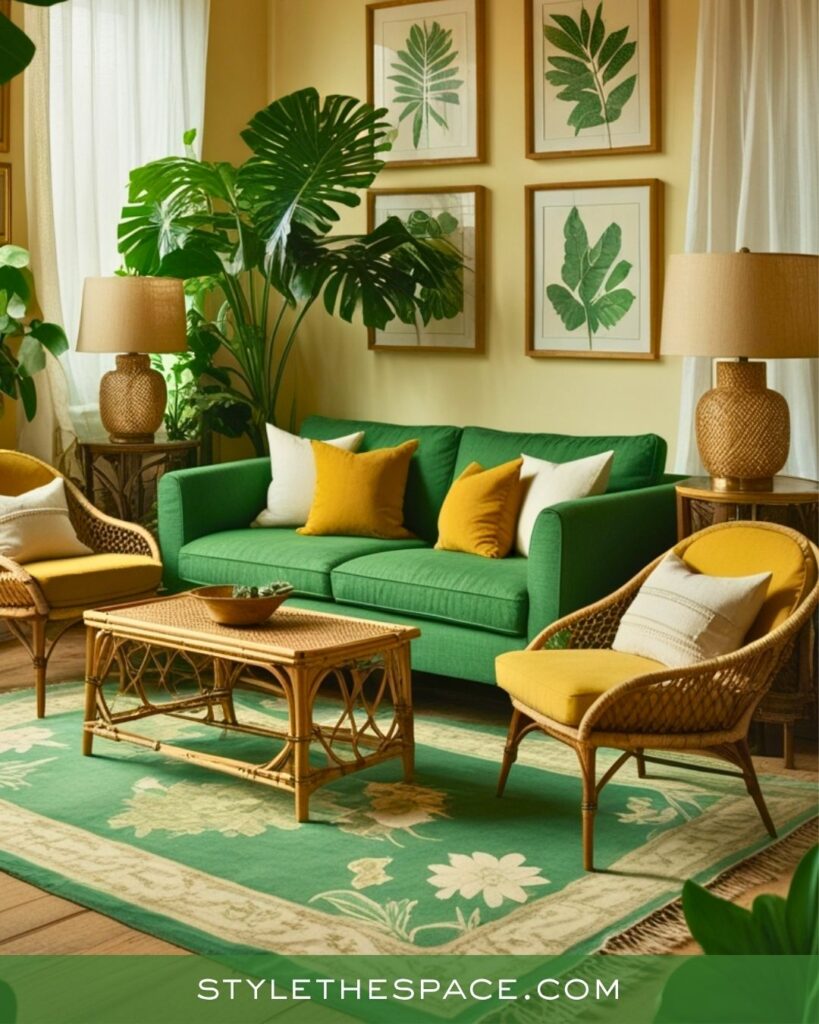Cozy Green and Yellow Tropical Living Room
