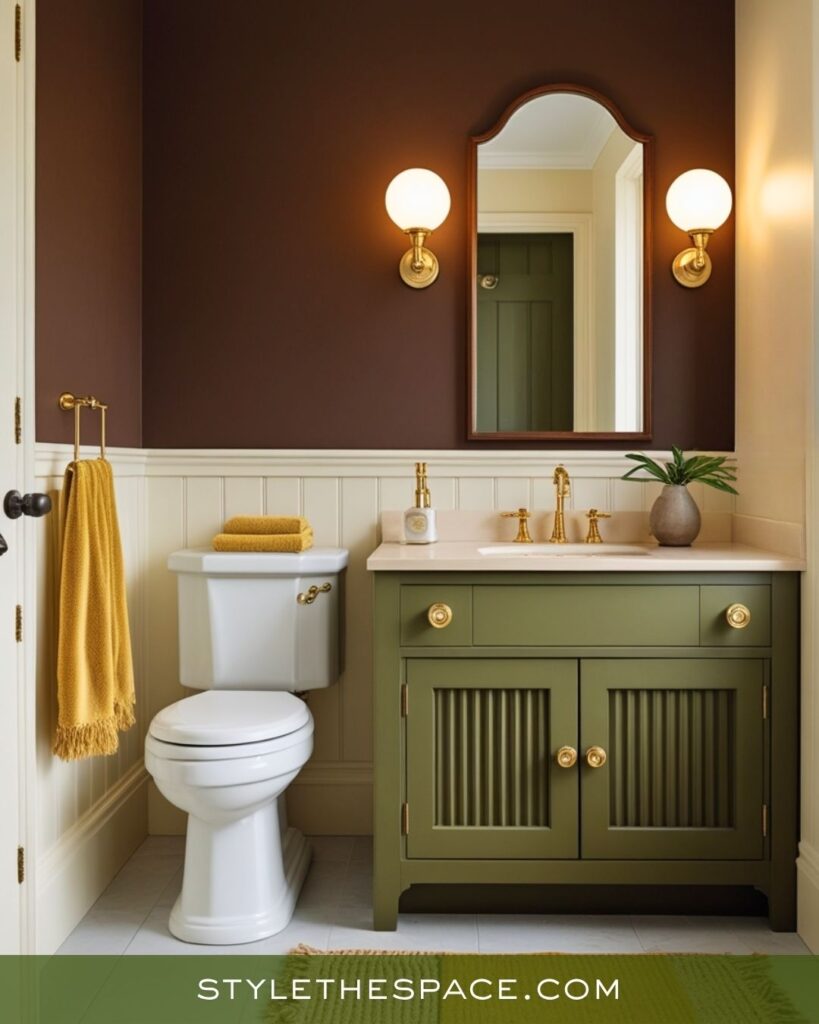 Chic Mustard, Olive, and Deep Brown Bathroom