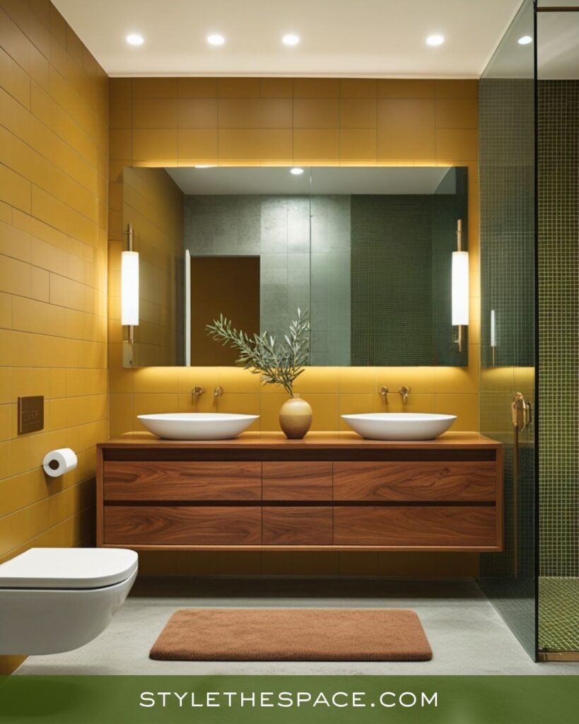 Modern Minimalism Bathroom with Mustard, Olive, and Deep Brown