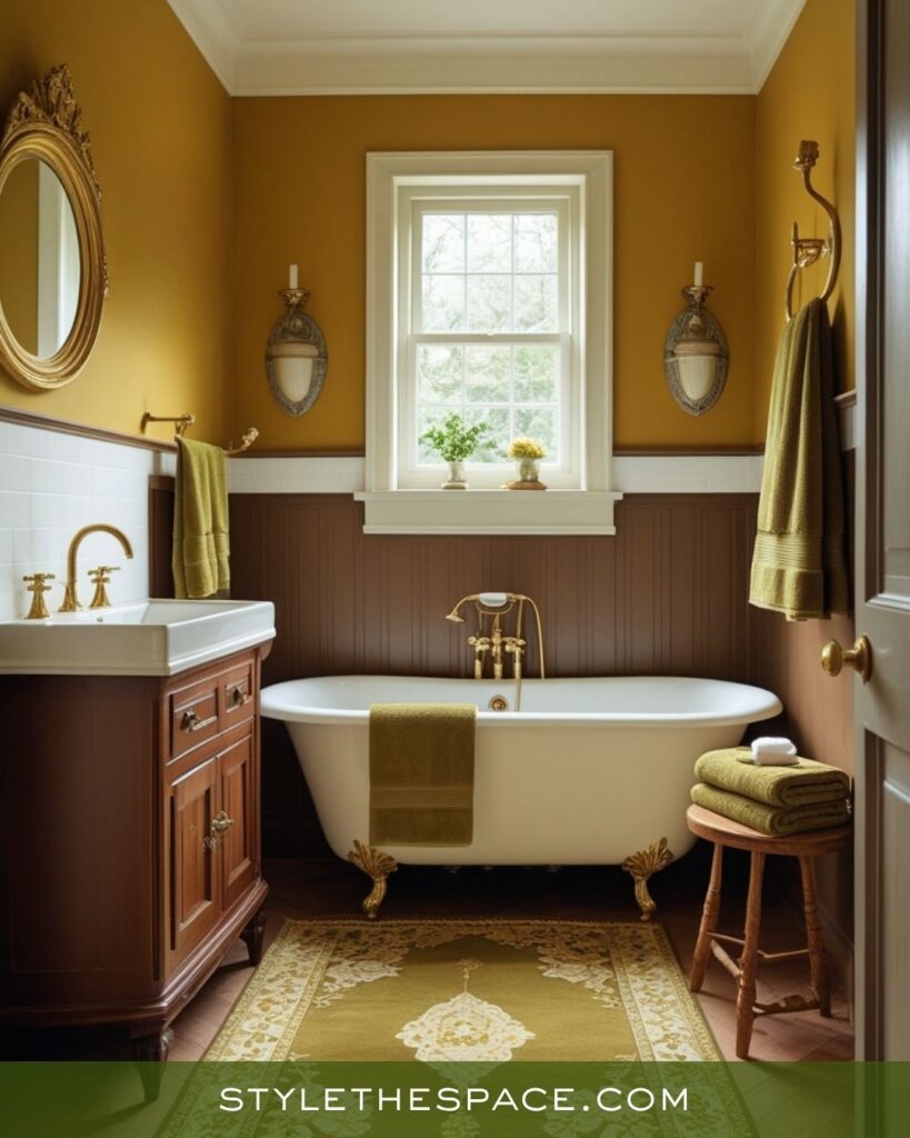 Timeless Elegance Bathroom with Mustard, Olive, and Deep Brown