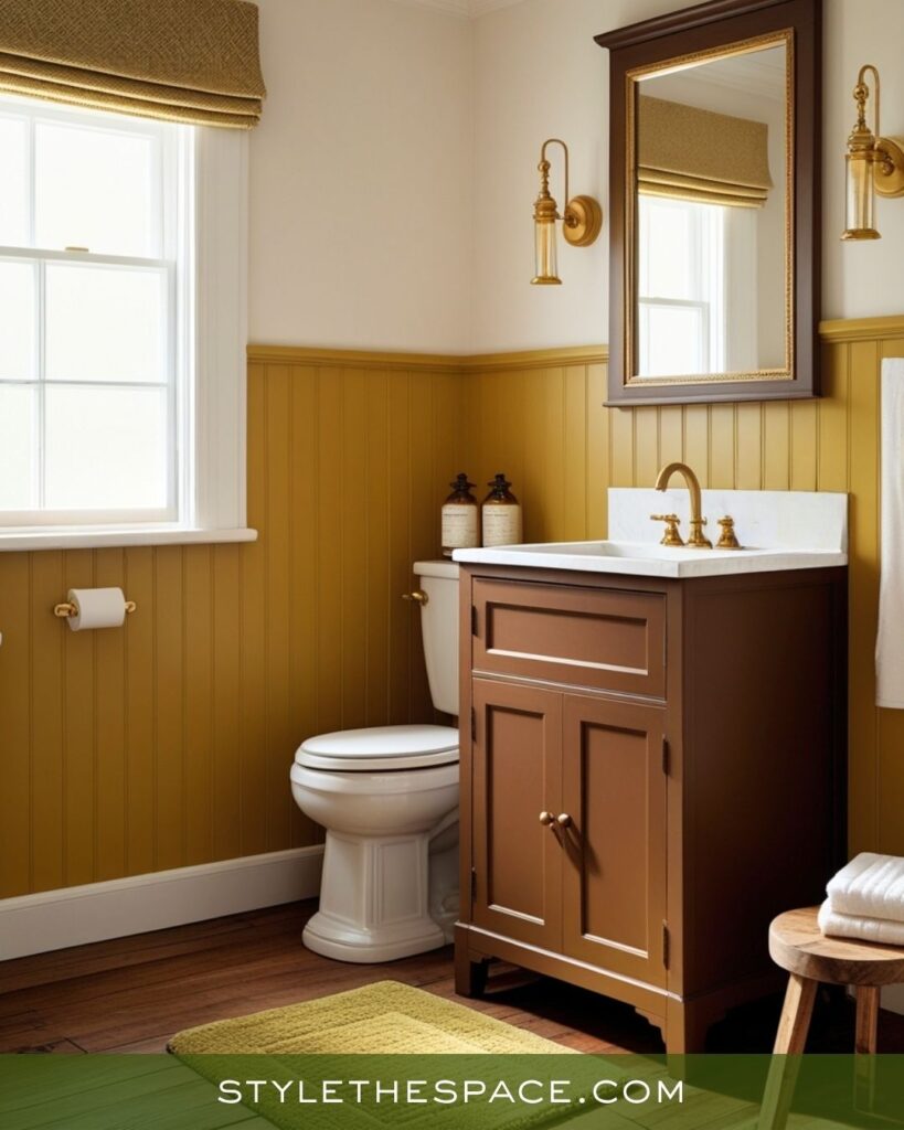 Mustard, Olive, and Deep Brown Bathroom