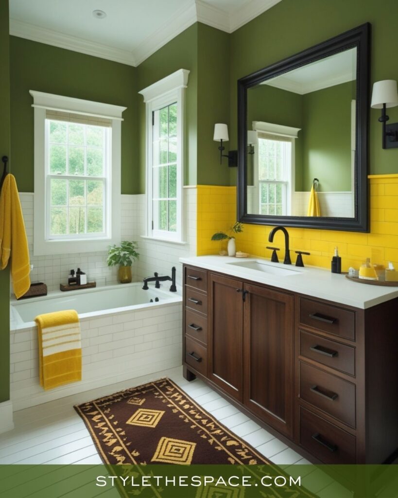 Vibrant Bathroom with Mustard, Olive, and Deep Brown
