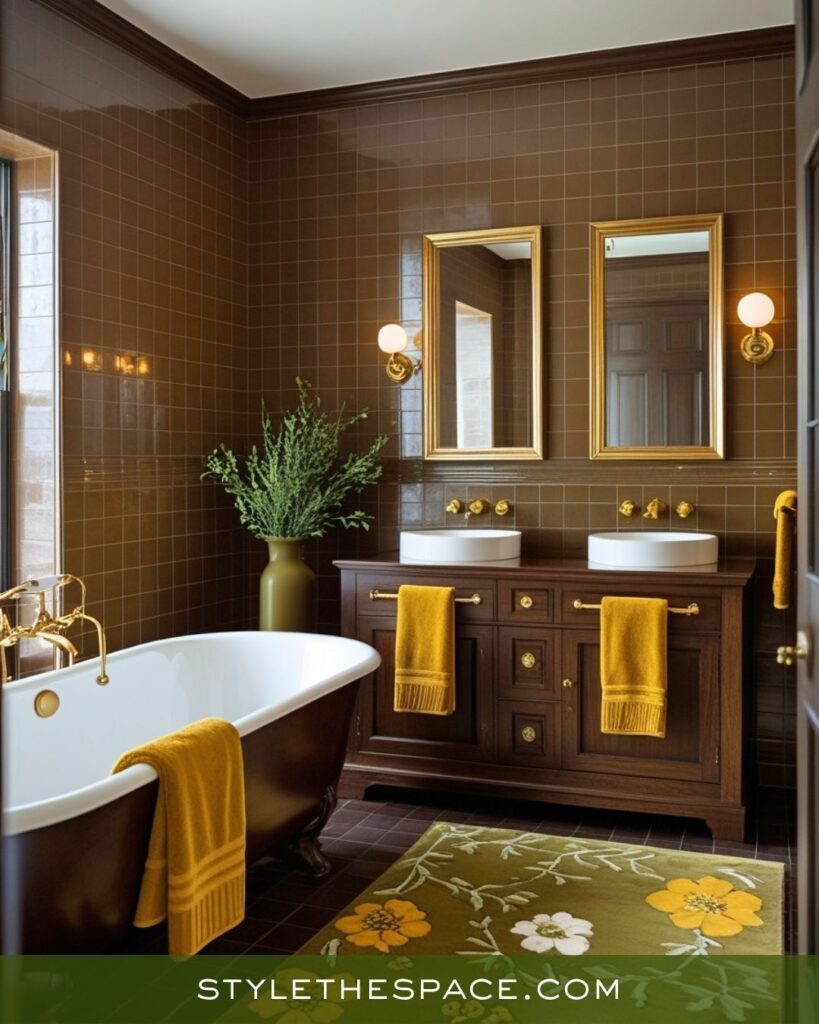 Rich Sophistication Bathroom with Mustard, Olive, and Deep Brown