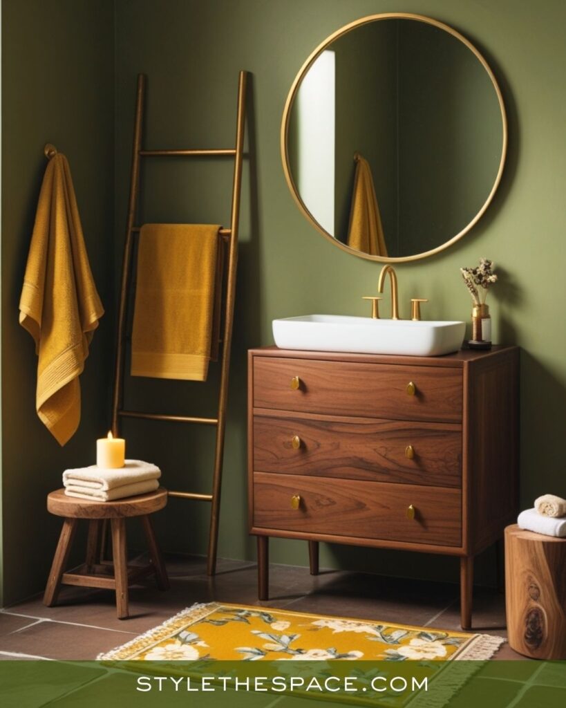 Modern Bathroom with Mustard, Olive, and Deep Brown