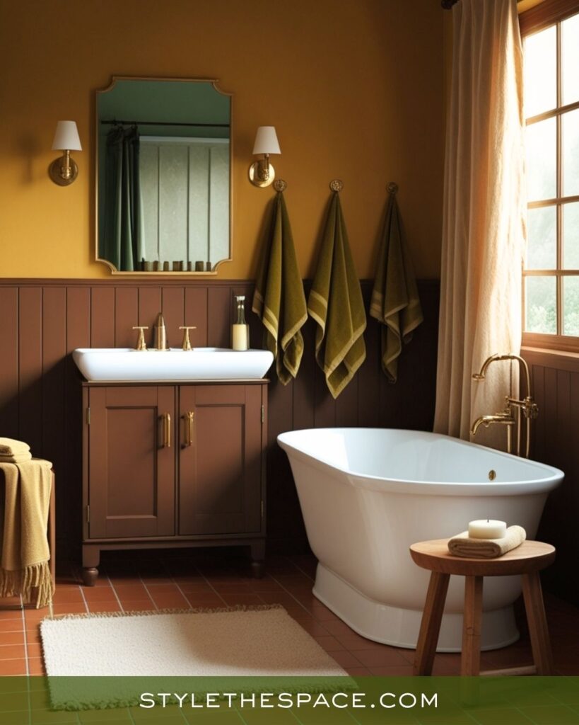 Cozy Bathroom with Mustard, Olive, and Deep Brown