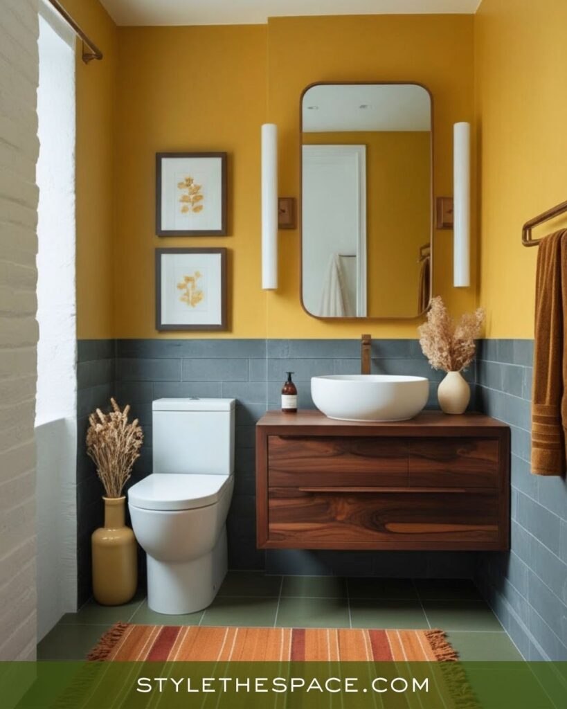 Modern Earthy Bathroom with Mustard, Olive, and Deep Brown