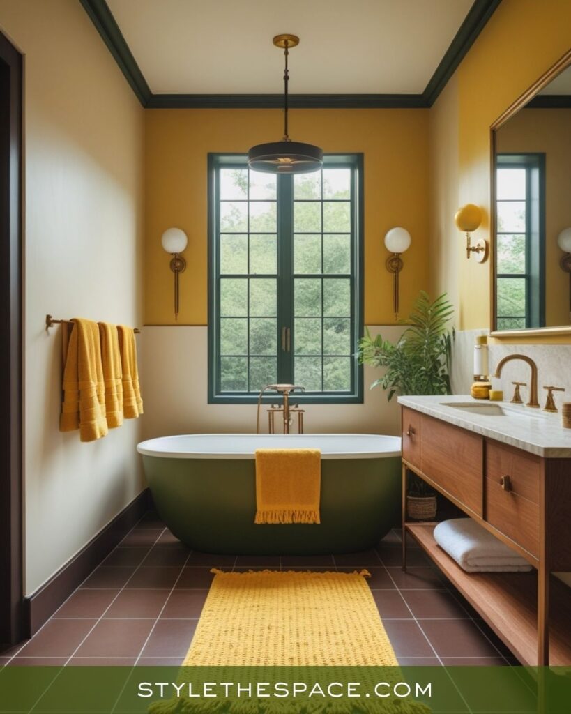 Refined Bathroom with Mustard, Olive, and Deep Brown