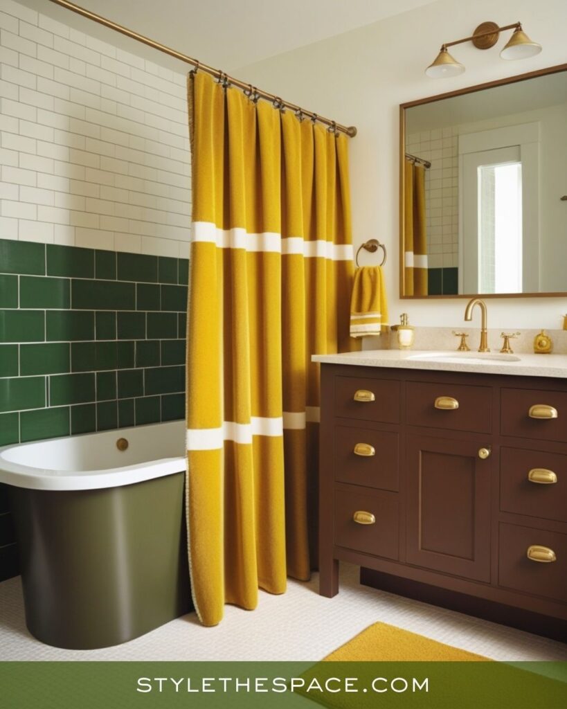 Modern Balance Mustard, Olive, and Deep Brown Bathroom
