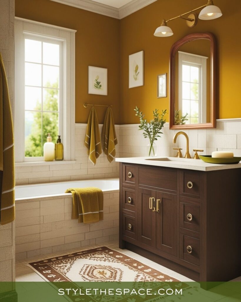 Warm Classic Bathroom in Mustard, Olive, and Deep Brown