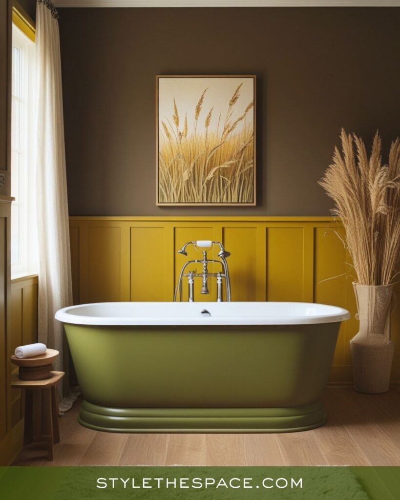 Earthy Bathroom in Mustard, Olive, and Deep Brown