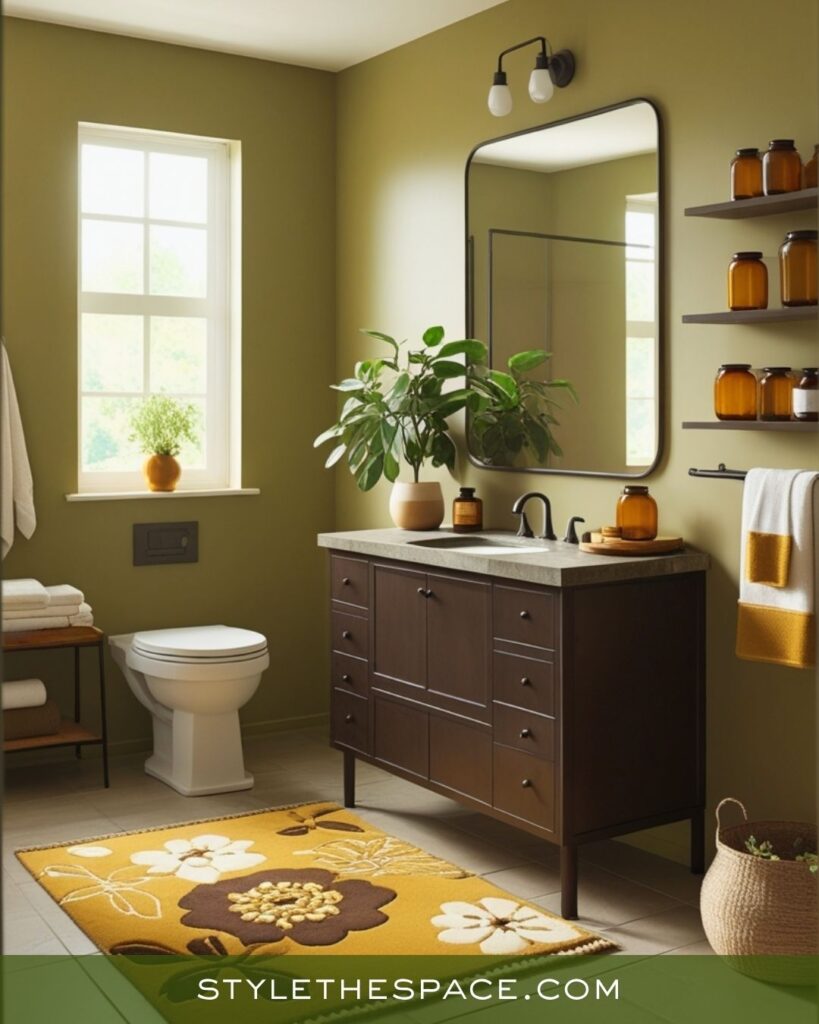 Mustard, Olive, and Deep Brown Bathroom