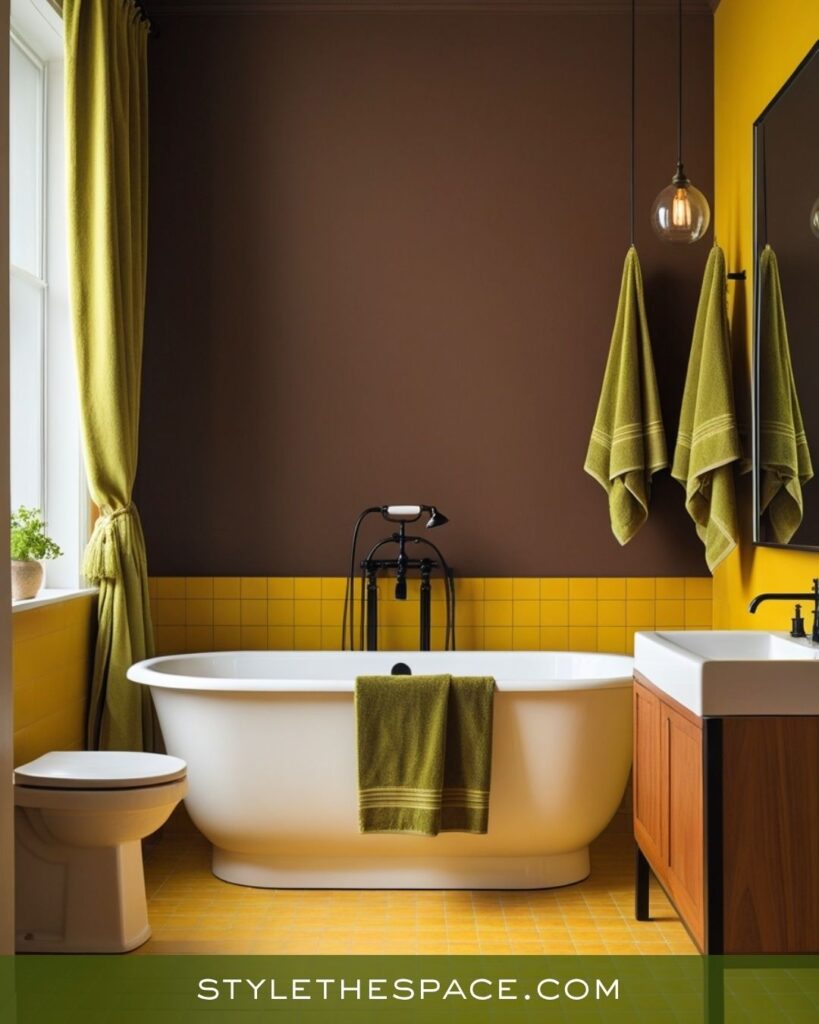 Modern Mustard, Olive, and Deep Brown Bathroom