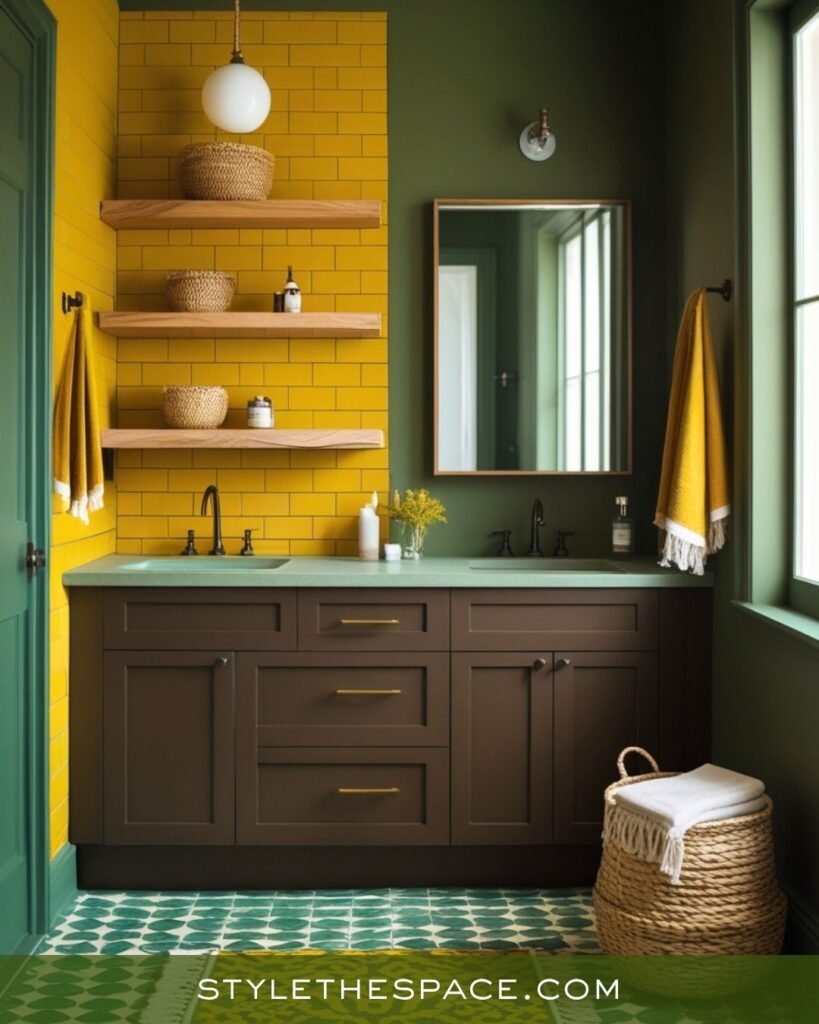 Eclectic Mustard, Olive, and Deep Brown Bathroom