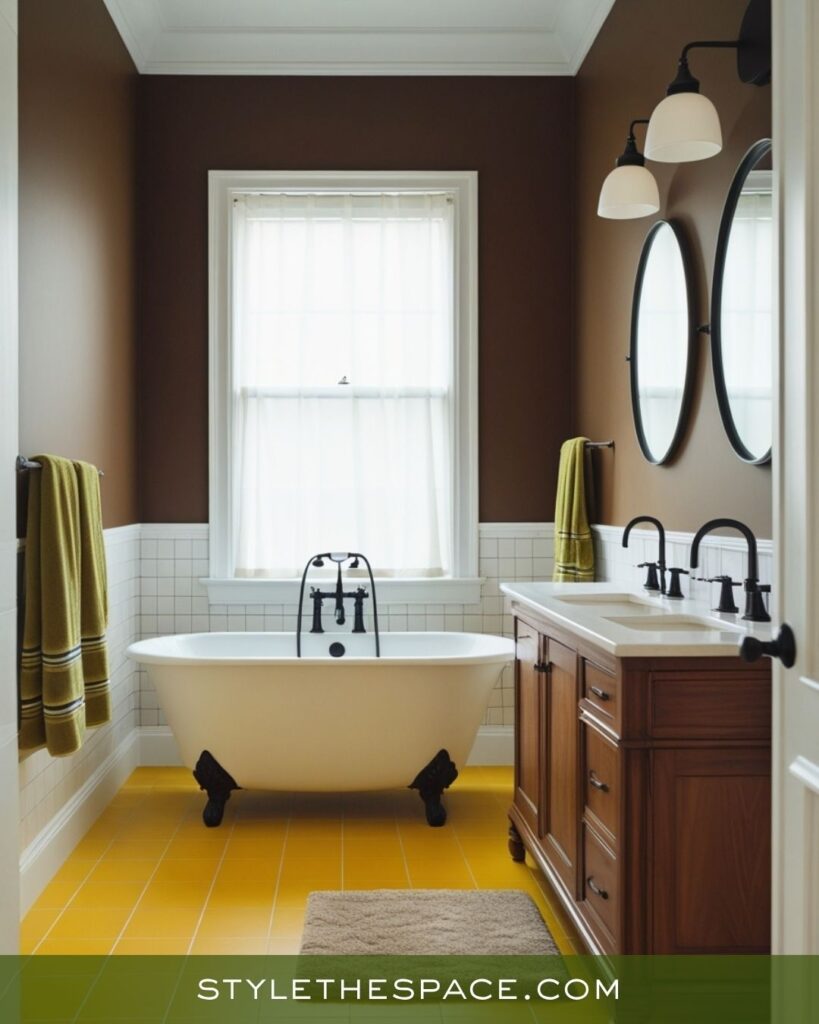 Classic Mustard, Olive, and Deep Brown Bathroom