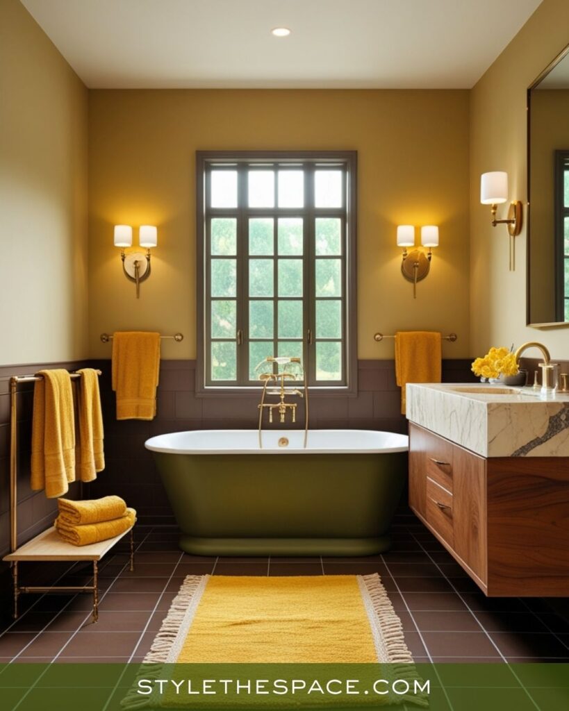 Earthy Warmth Bathroom with Mustard, Olive, and Deep Brown