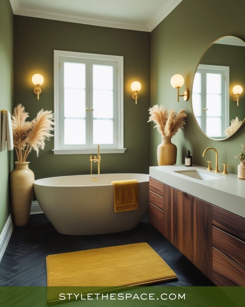 Sophisticated Mustard, Olive, and Deep Brown Bathroom