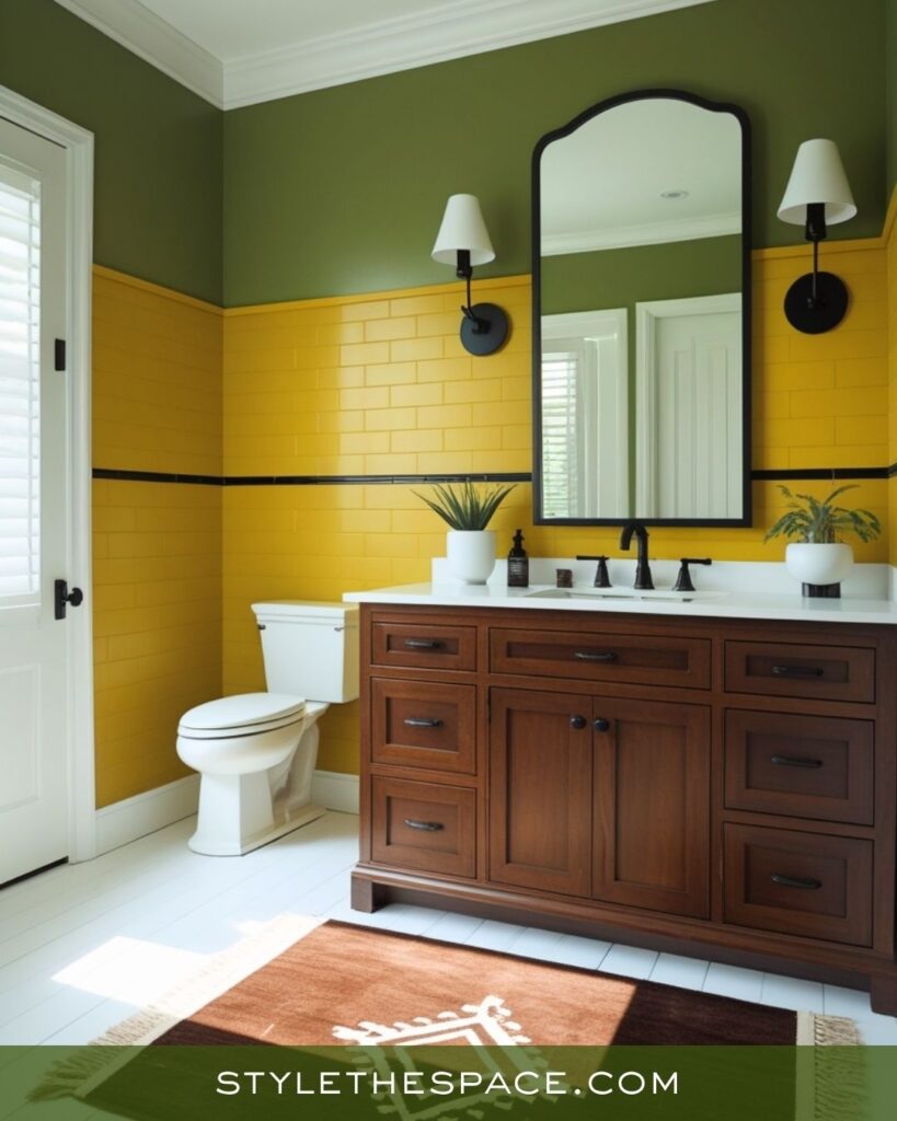 Vibrant Mustard, Olive, and Deep Brown Bathroom