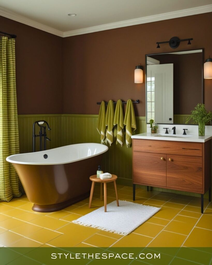 Retro Mustard, Olive, and Deep Brown Bathroom