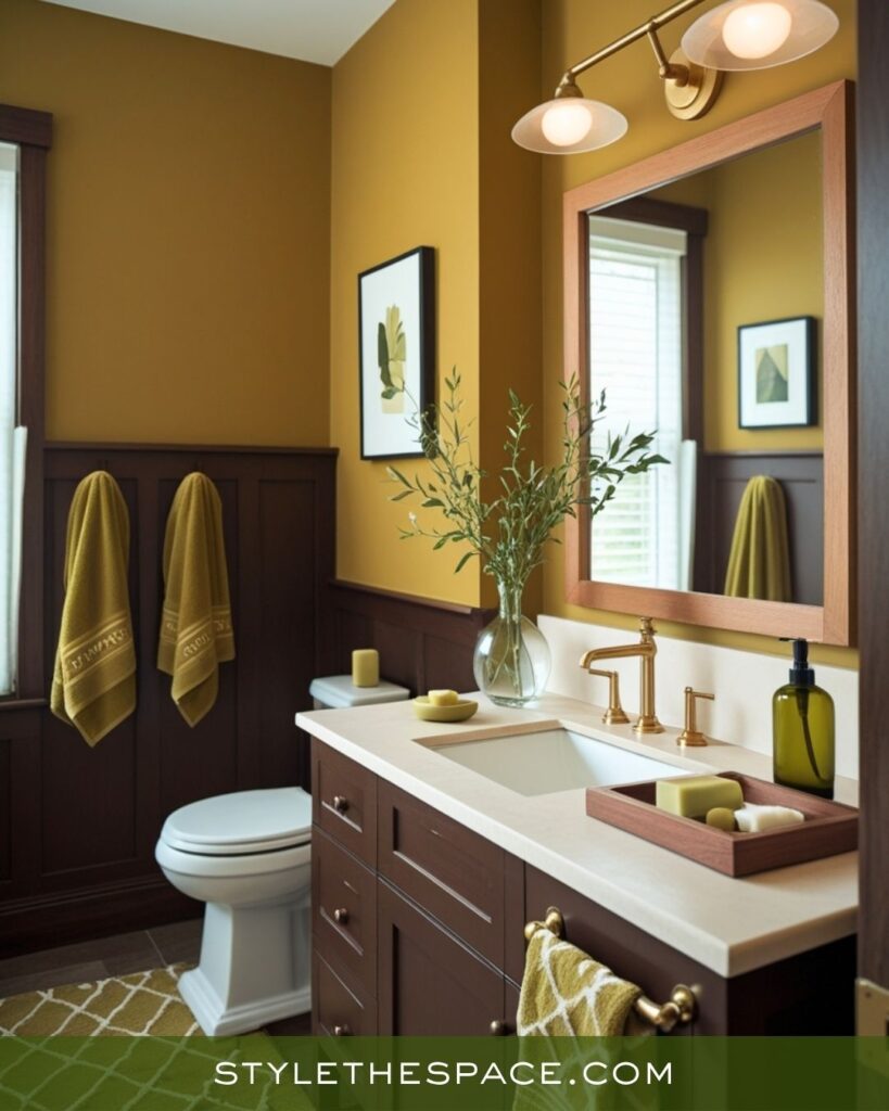 Classic Mustard, Olive, and Deep Brown Bathroom