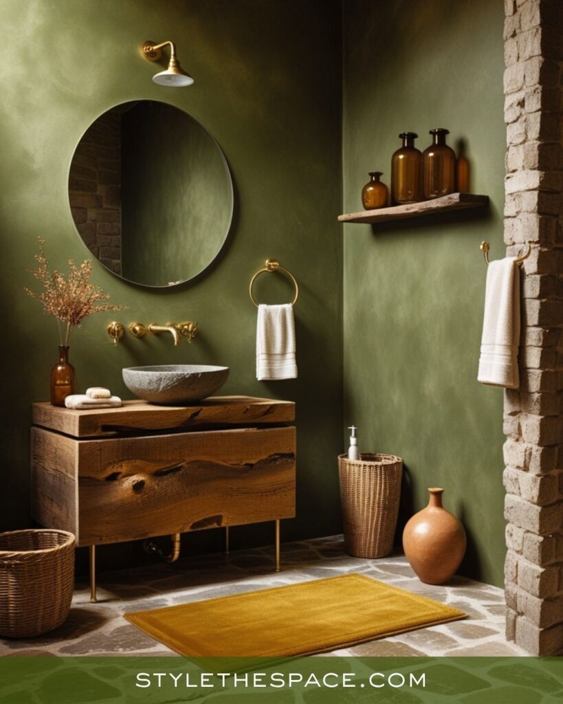 Natural Serenity Mustard, Olive, and Deep Brown Bathroom